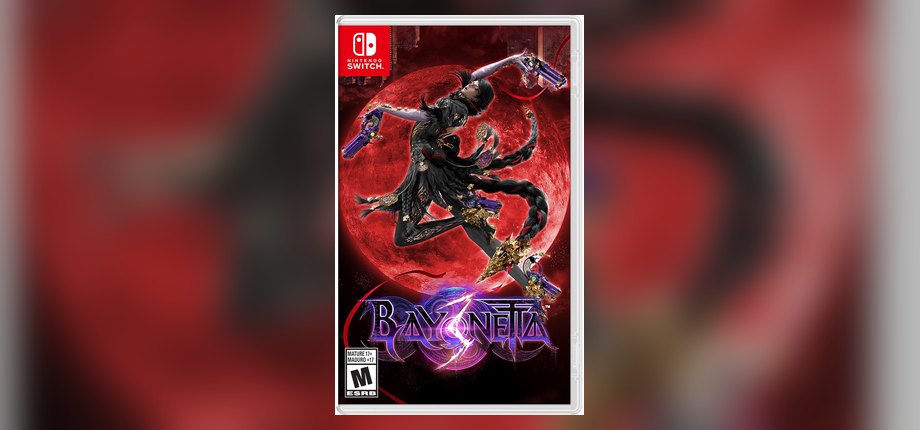 Bayonetta 3 Nintendo Switch box art with Bayonetta firing her guns over a red moon, as shown on the Amazon listing