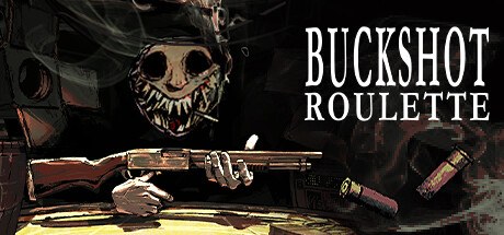 Buckshot Roulette Steam header art with the Dealer holding a shotgun over the table