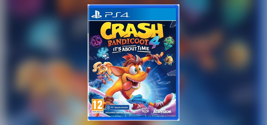 Crash Bandicoot 4: It's About Time PS4 box art with Crash spinning and a PEGI 12 rating, as shown on the Amazon listing