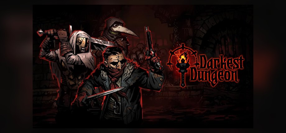 Darkest Dungeon key art with a crusader, a plague doctor, and a highwayman in the dark, from the Switch digital code listing