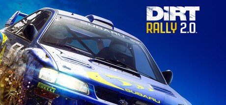 DiRT Rally 2.0 Steam header art with a blue Subaru rally car kicking up dirt