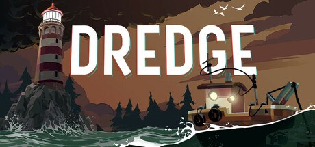 DREDGE Steam header art with a small fishing boat near a lighthouse on a dark sea