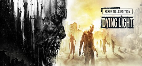 Dying Light Essentials Edition Steam header art with a zombie face beside a sunlit street full of infected