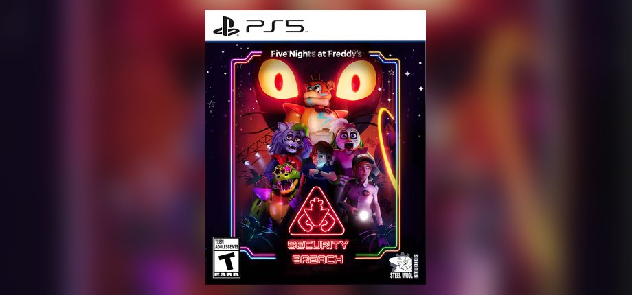 Five Nights at Freddy's: Security Breach US PS5 box art with Glamrock Freddy, Chica, Roxy, and Monty under neon lights