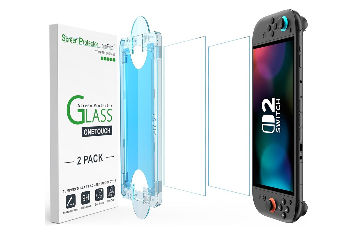 amFilm OneTouch tempered glass screen protector 2 pack with alignment frame and a Nintendo Switch 2