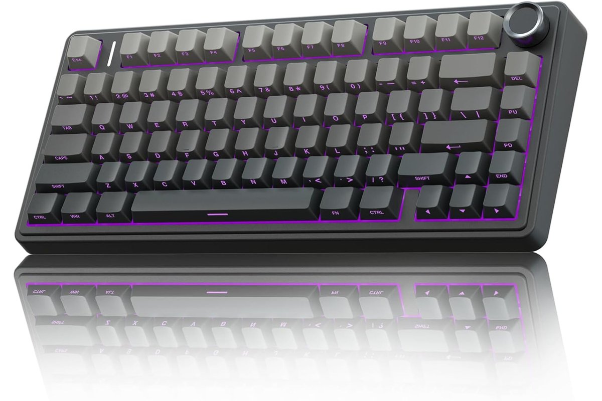 AULA F75 Pro 75 percent wireless mechanical keyboard in black and gray with a volume knob and purple backlight