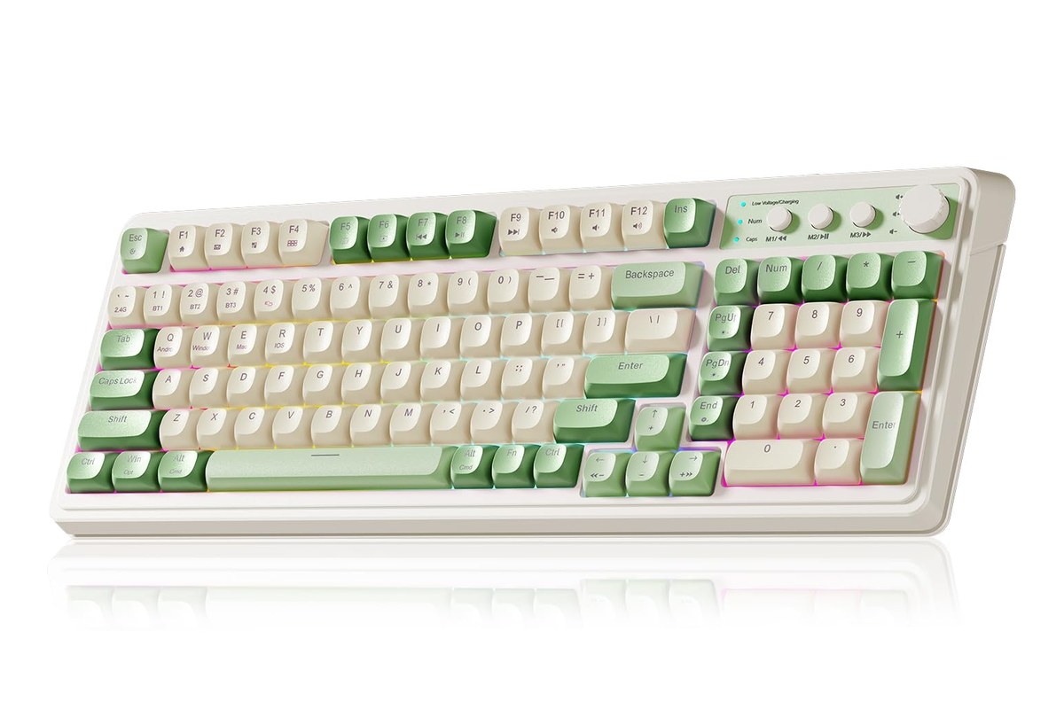 The AULA S99 wireless keyboard in green and beige with round retro keycaps, a number pad, and a knob, from the Amazon listing