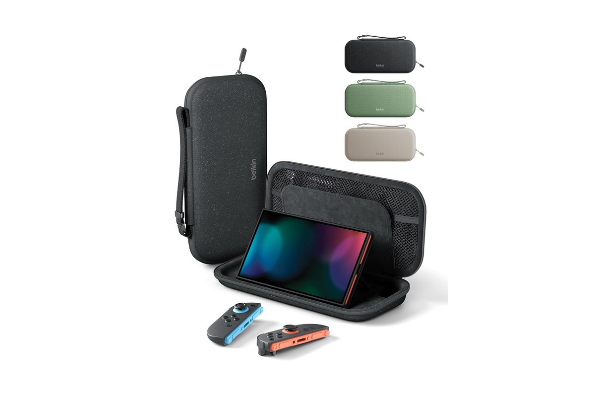 Belkin Switch 2 travel case in black, shown open with a Switch 2 inside, from the Amazon listing