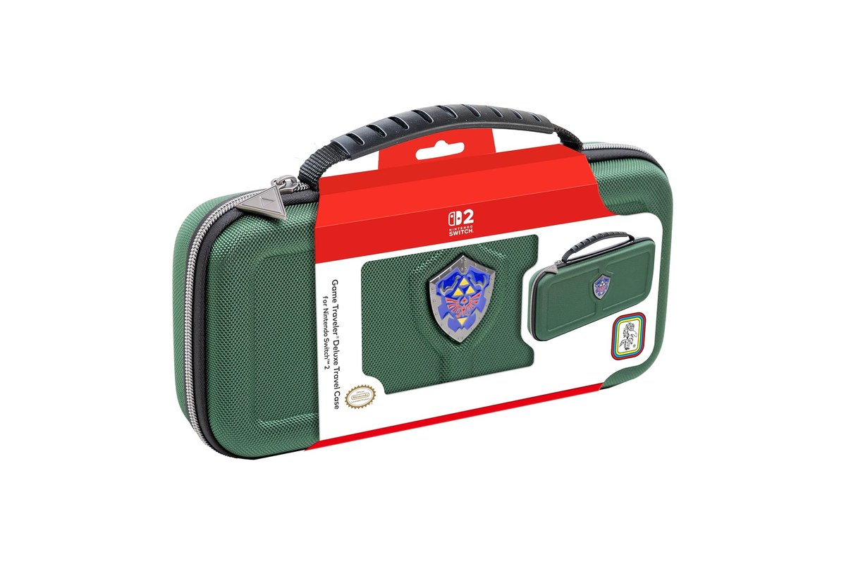 The green Game Traveler Deluxe travel case with a Zelda Hylian Shield design and a carry handle, from the Amazon listing