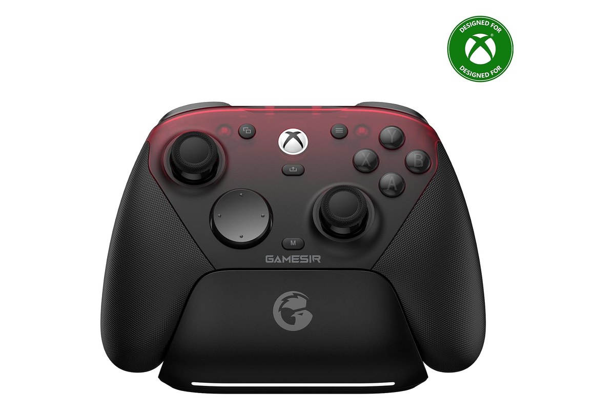 GameSir G7 Pro wired controller for Xbox, black with a red accent, on its charging station