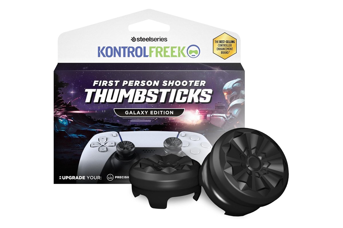 KontrolFreek FPS Freek Galaxy Black performance thumbsticks package with a PS5 DualSense controller
