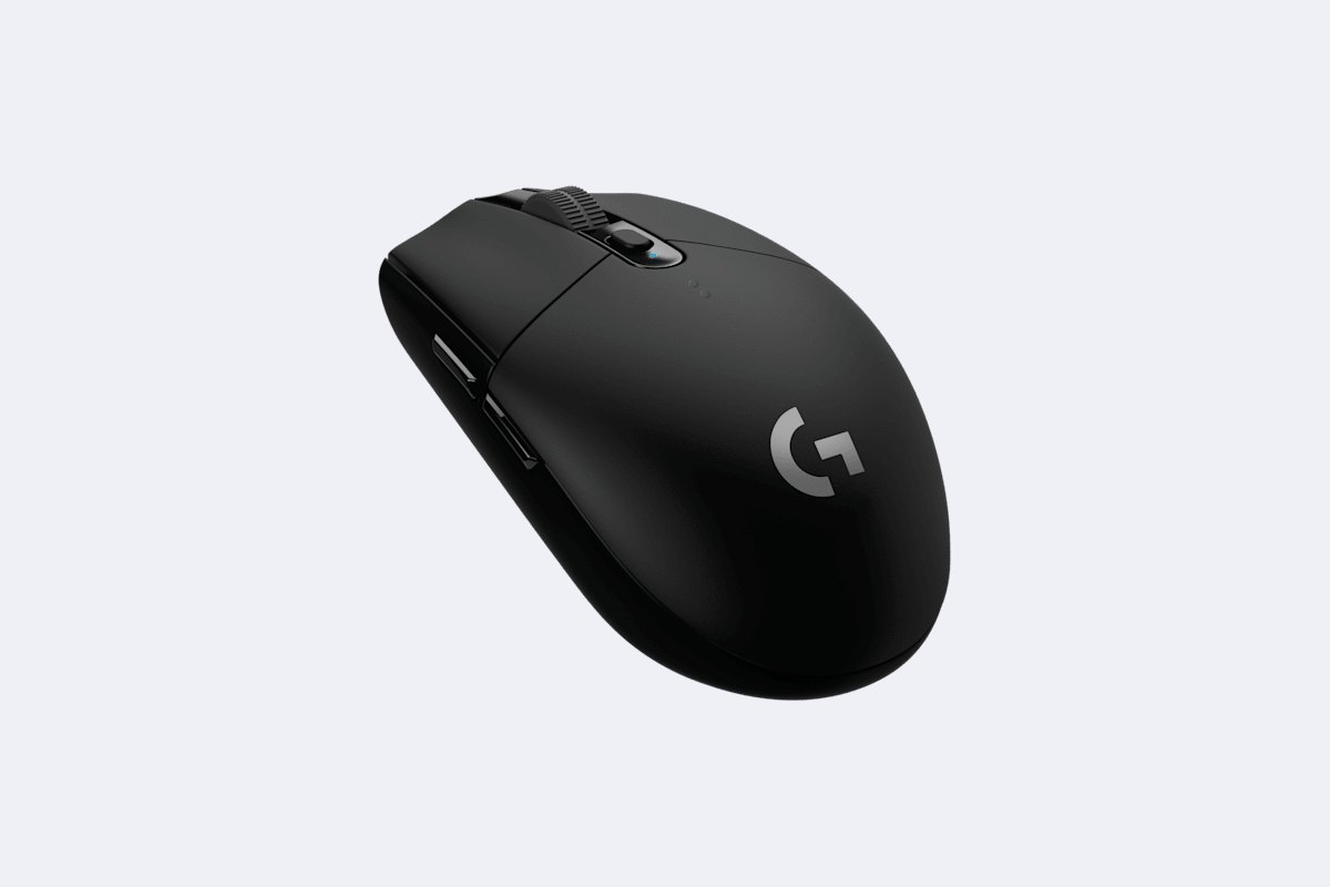 Logitech G305 LIGHTSPEED wireless gaming mouse in black, three quarter view from the back