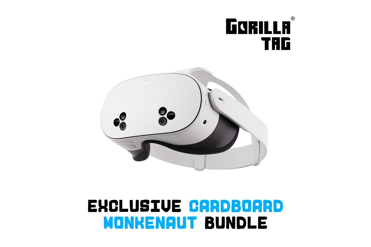 Meta Quest 3S white VR headset with the Gorilla Tag logo, from the Amazon bundle listing