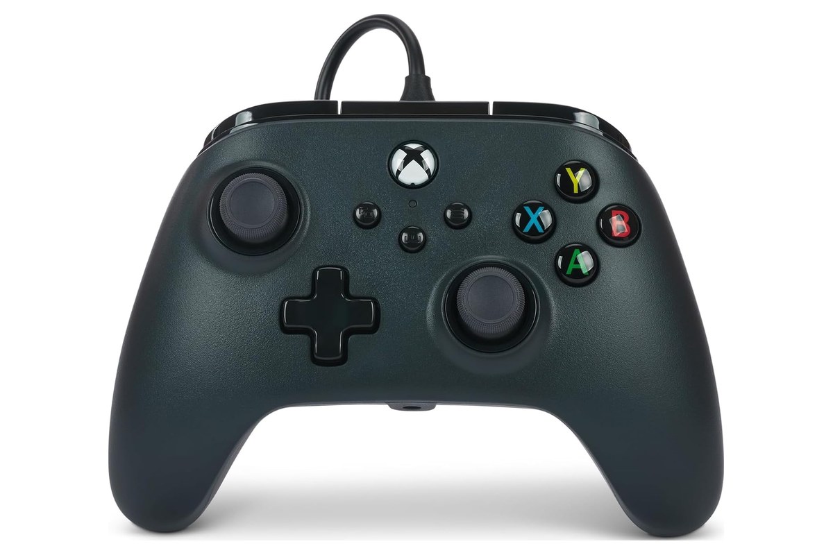 PowerA Wired Controller for Xbox Series X|S in black with its cable attached at the top, from the Amazon listing