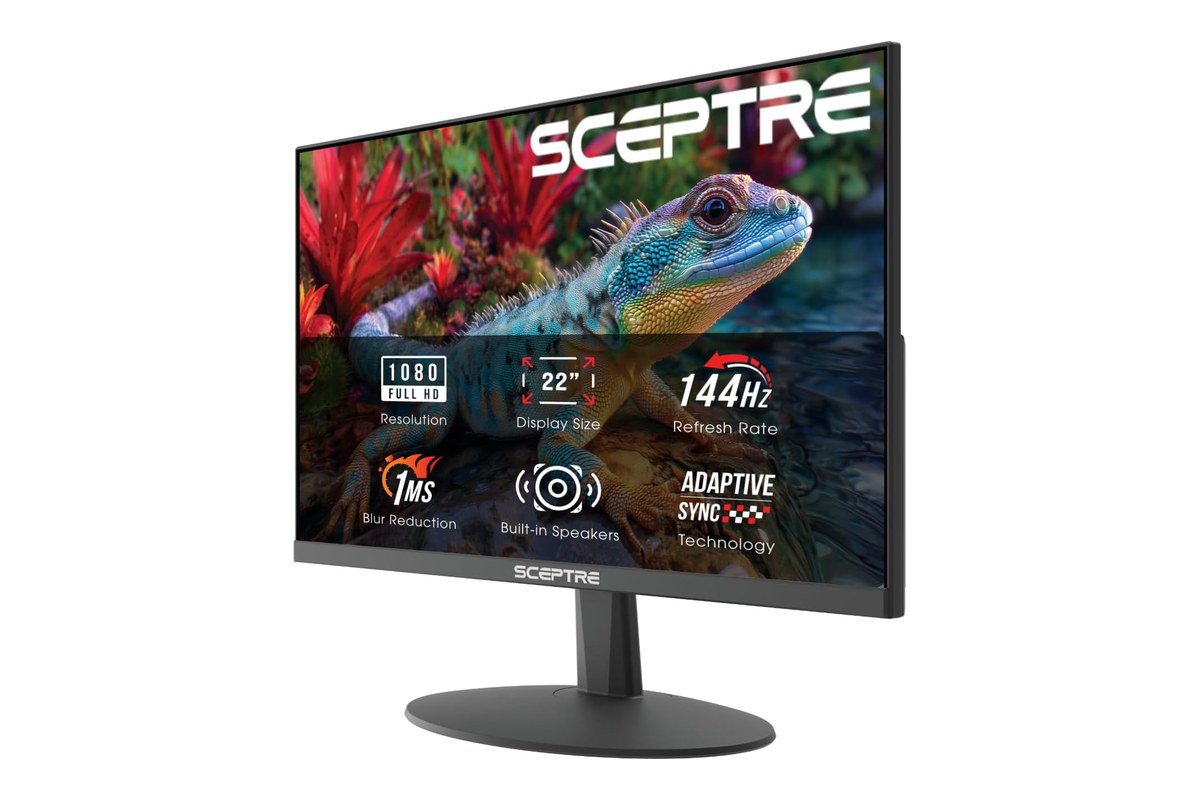 Sceptre E225W-FW144 22-inch FHD gaming monitor in machine black on a stand