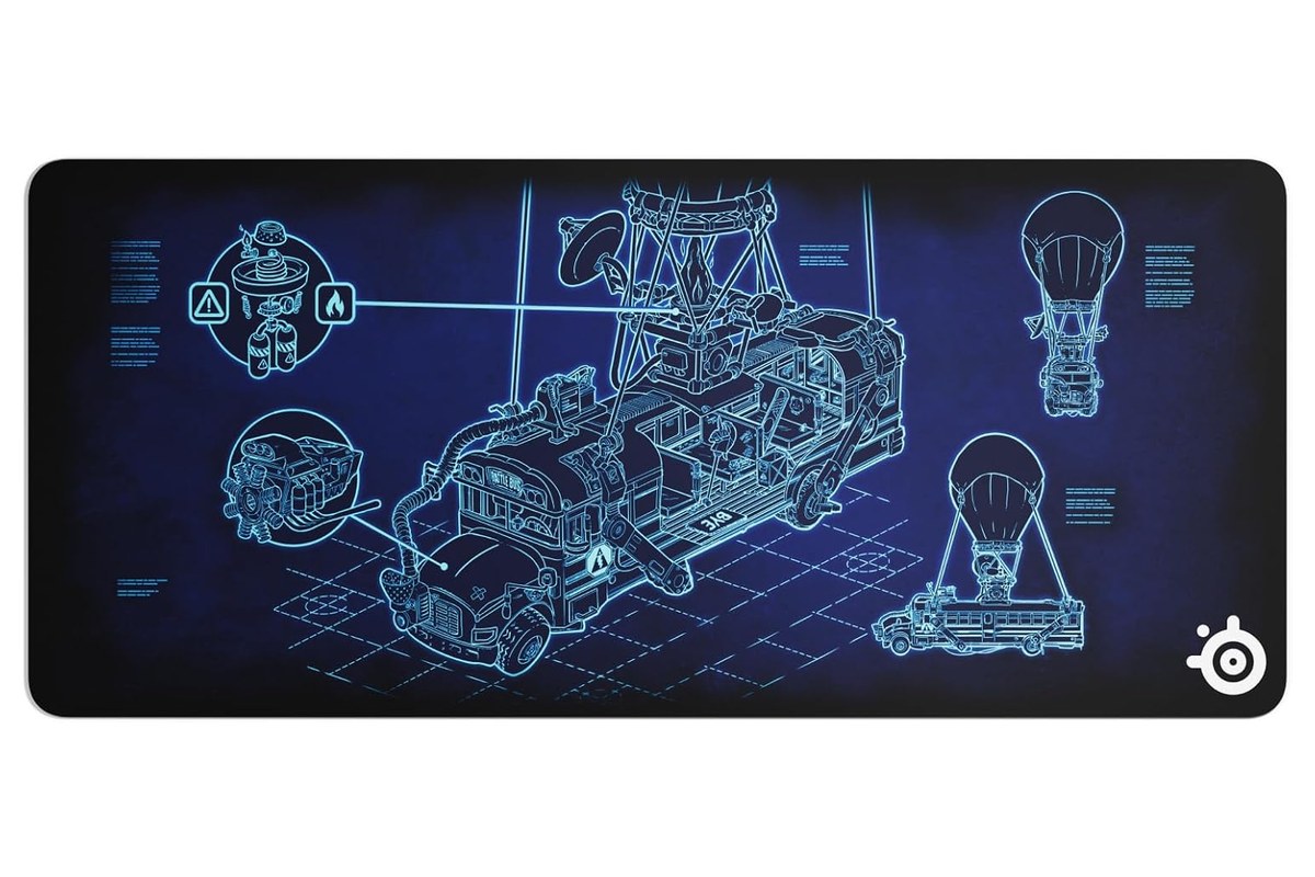 SteelSeries QcK XXL Fortnite Battle Bus Edition desk mat with a blue blueprint drawing of the Battle Bus, from the Amazon listing