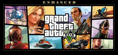 Grand Theft Auto V Enhanced Steam header art with Michael, Franklin, Trevor, and Los Santos