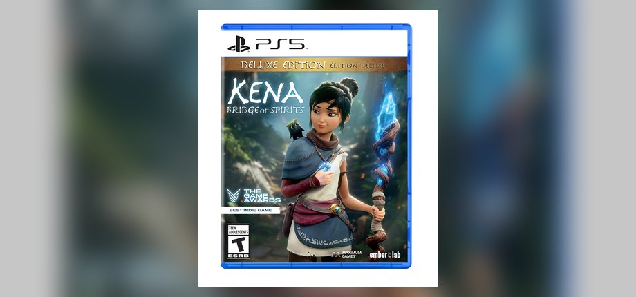 Kena: Bridge of Spirits Deluxe Edition PS5 box art with Kena holding her staff and a Rot on her shoulder, ESRB T, as shown on the Amazon listing