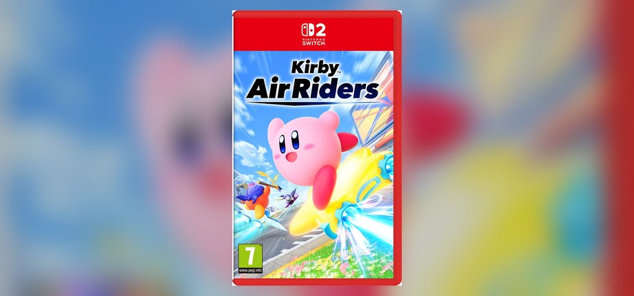Kirby Air Riders Nintendo Switch 2 box art with Kirby riding a Warp Star, as shown on the Amazon listing, which uses a European box with a PEGI 7 rating