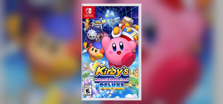 Kirby's Return to Dream Land Deluxe Nintendo Switch box art with Kirby, King Dedede, Meta Knight, Bandana Waddle Dee, and Magolor, as shown on the Amazon listing