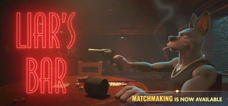 Liar's Bar Steam header art with a dog character at a bar table in red neon light