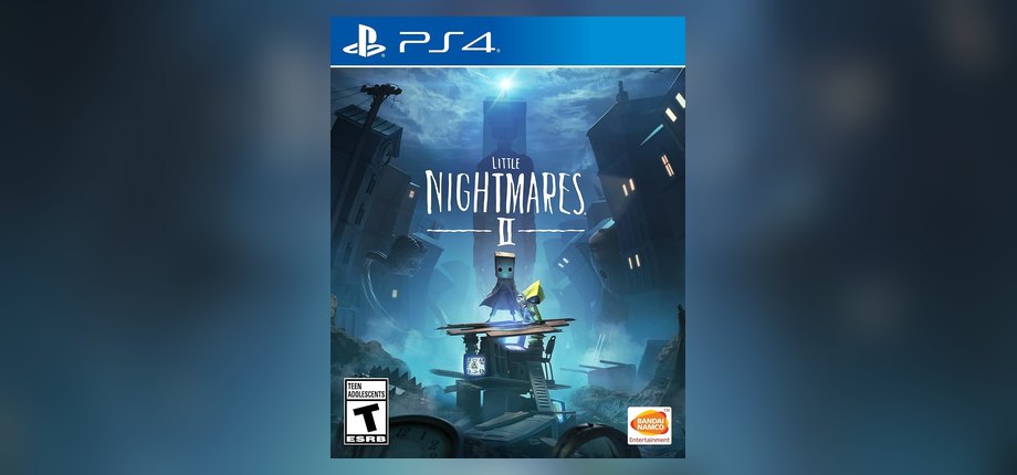 Little Nightmares II US PlayStation 4 box art with Mono and Six on a rooftop under the Signal Tower