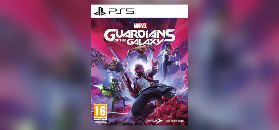 Marvel's Guardians of the Galaxy PlayStation 5 box art with Star-Lord and the team, as shown on the Amazon listing