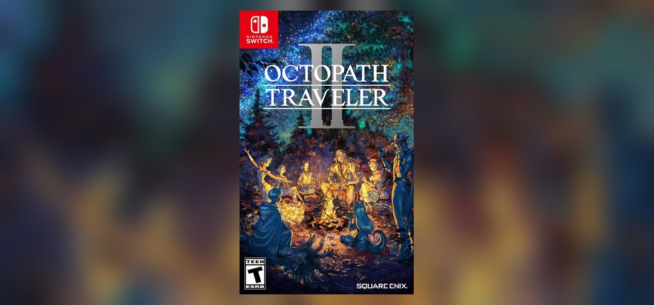 Octopath Traveler II Nintendo Switch box art with the eight travelers around a campfire, as shown on the Amazon listing