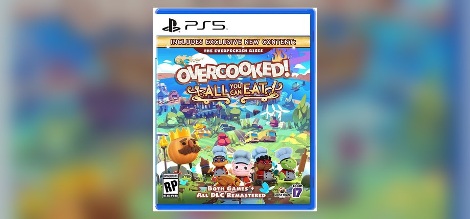 Overcooked! All You Can Eat PS5 box art with the chefs, as shown on the Amazon listing
