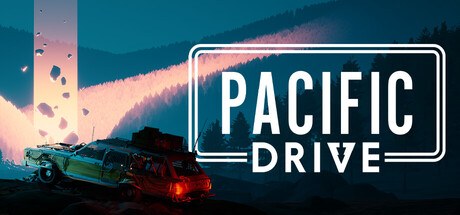 Pacific Drive Steam header art with a battered station wagon on a forest road under a strange beam of light