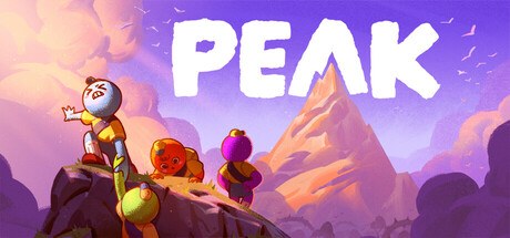 PEAK Steam header art with scouts climbing a rocky mountain under a purple sky
