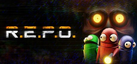 R.E.P.O. Steam header art with small round robots holding a flashlight beneath a looming monster face