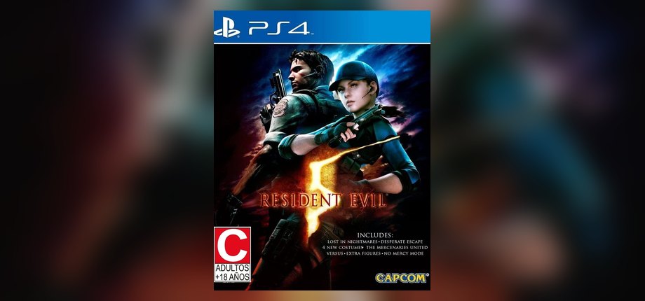 Resident Evil 5 PS4 box art with Chris Redfield and Sheva Alomar holding guns, from the Amazon listing