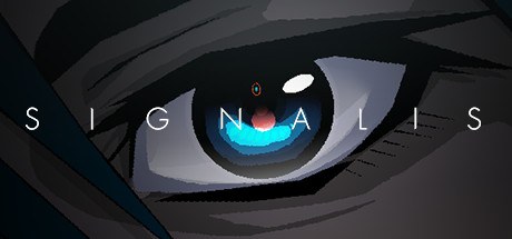 SIGNALIS Steam header art with a close-up of a pale blue eye and the game logo
