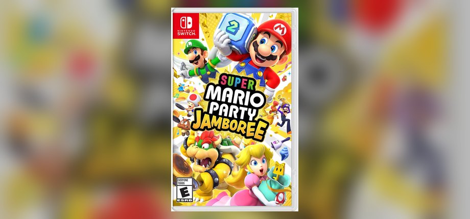 Super Mario Party Jamboree Nintendo Switch box art with Mario, Luigi, Peach, Bowser, and friends, rated E