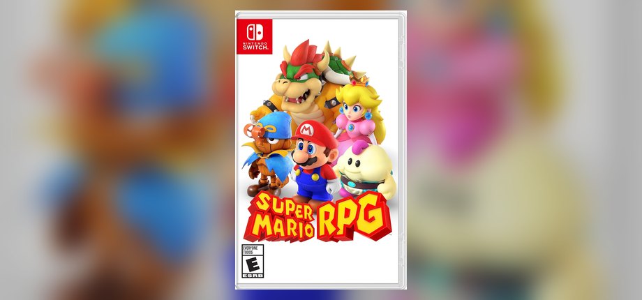 Super Mario RPG Nintendo Switch US box art with Mario, Bowser, Peach, Mallow, and Geno, as shown on the Amazon listing