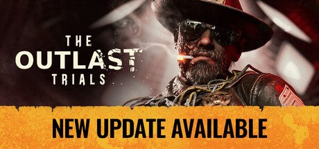 The Outlast Trials Steam header art with a grinning man in a hat and goggles and a New Update Available banner