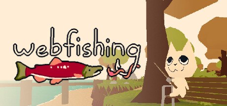 WEBFISHING Steam header art with a cat character fishing beside a tree